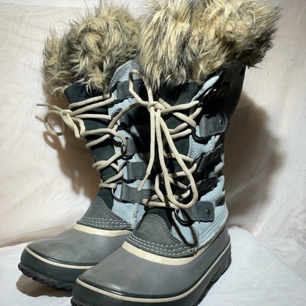 Sorel Womens Joan of Arctic Fur Trim Blue Waterproof Suede Winter Boots Size 7